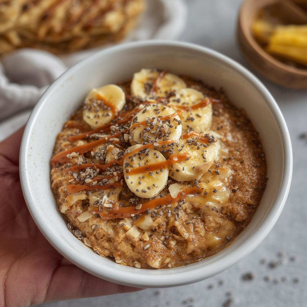 Banana peanut butter baked pancake bowls with chia seeds