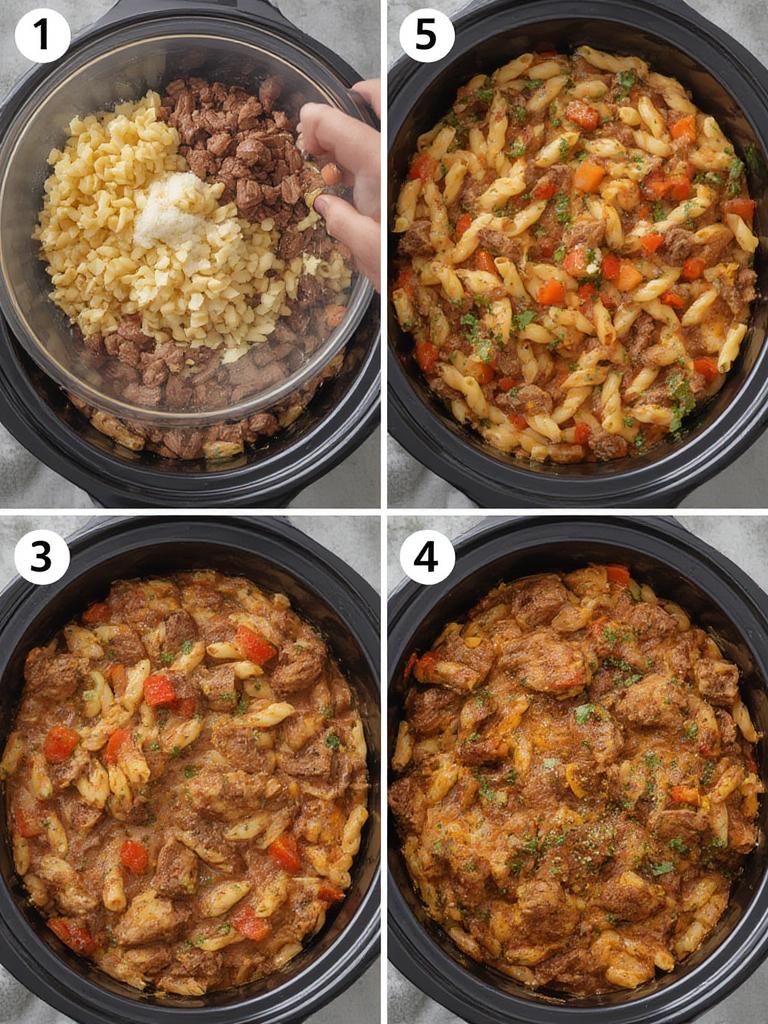 Cooking Beef Steak Pasta Bake in a skillet