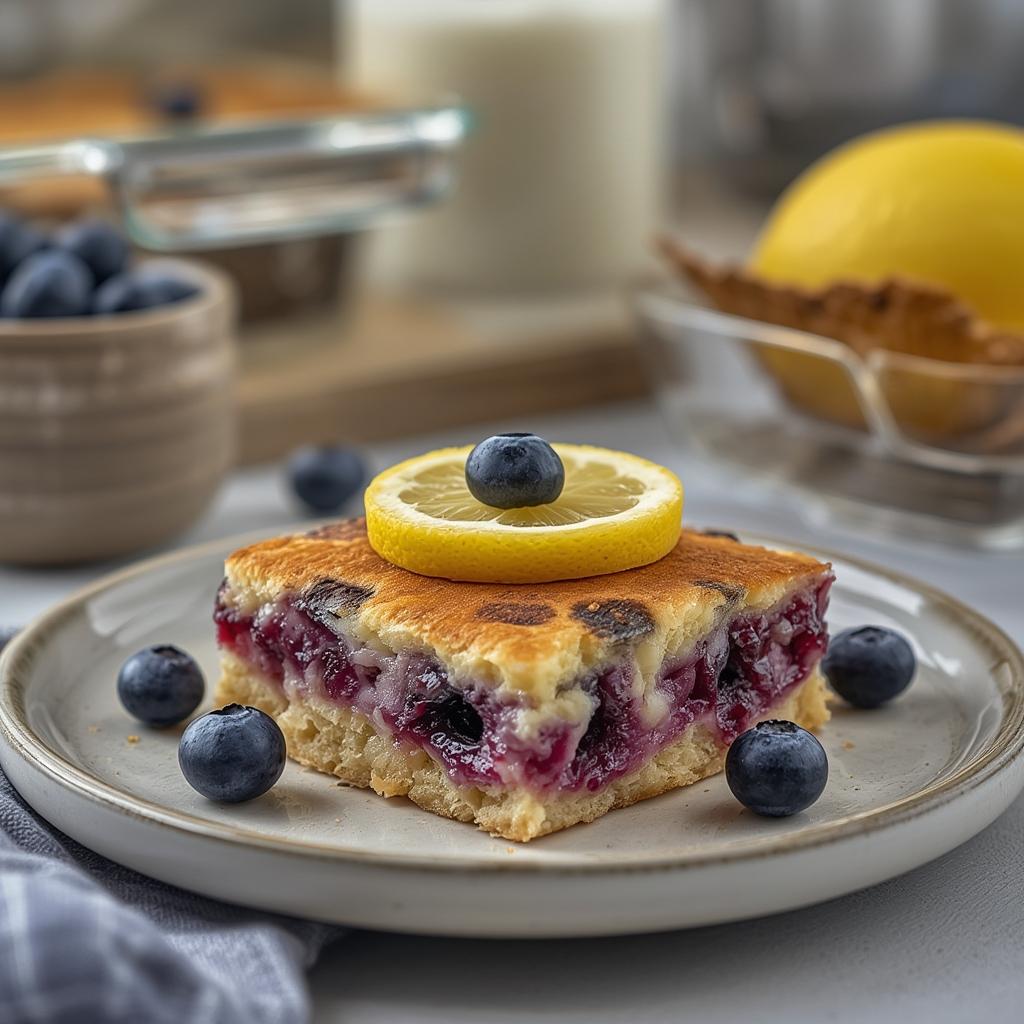 Blueberry lemon baked pancake meal prep squares with added protein powder