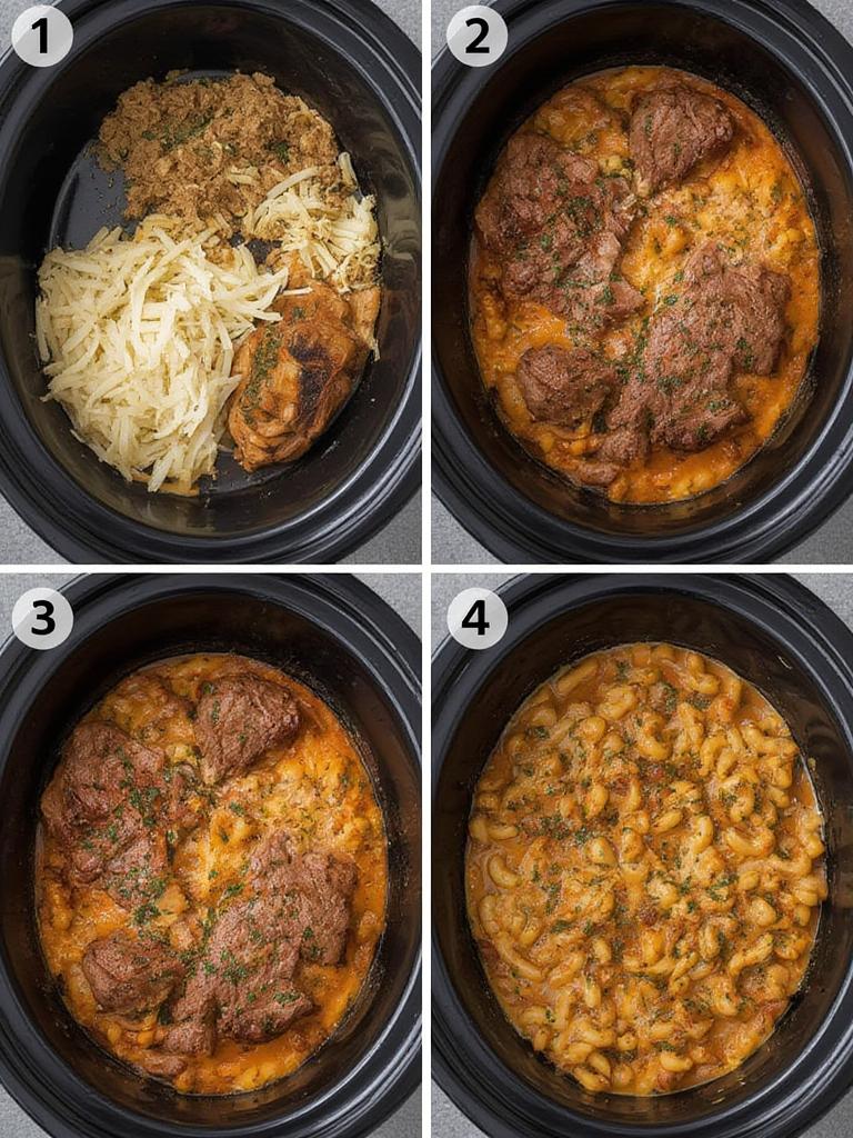 Layered pasta, steak, and cheese in a skillet