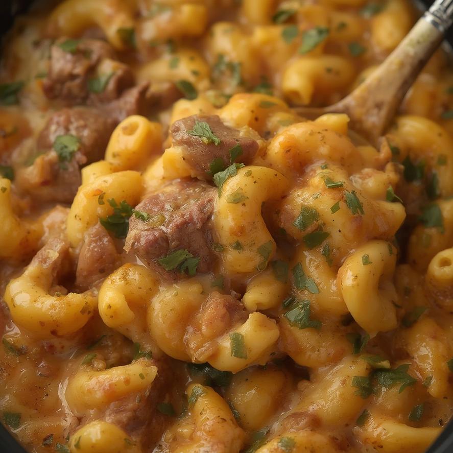 Close-up of cheesy macaroni with Cajun seasoning