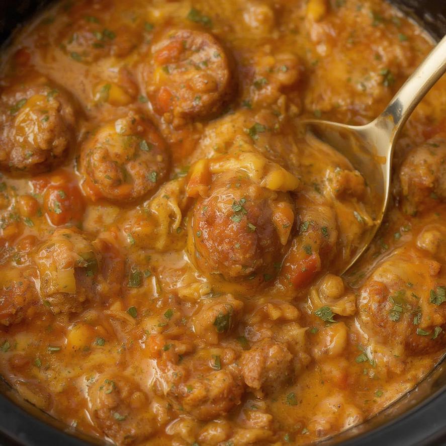 Serving Cheesy Smoked Sausage Bake with a side salad