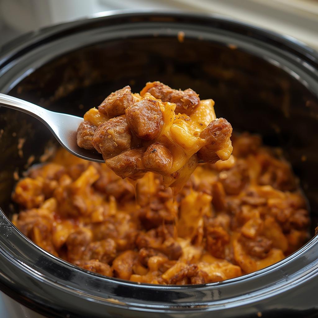 Finished Cheesy Smoked Sausage Bake with melted cheese