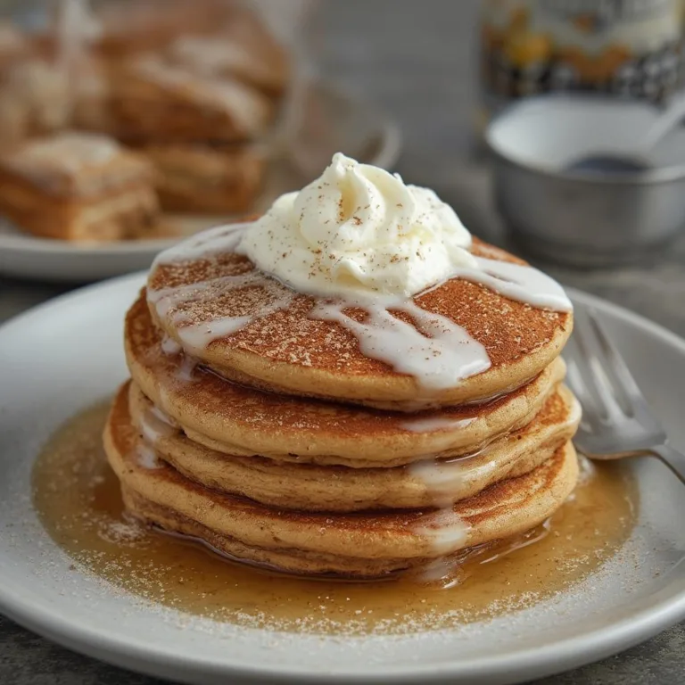 Cinnamon roll baked protein pancakes with light cream cheese topping.