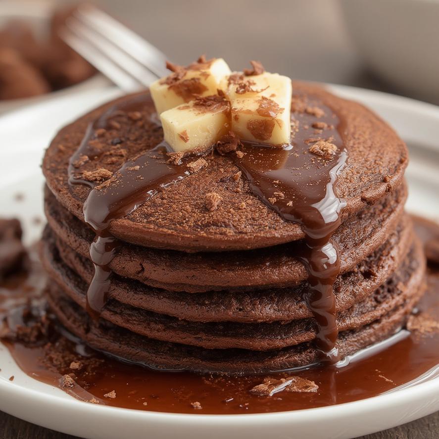 Healthy Food Ideas: Guilt-Free Double Chocolate Protein Pancakes! Quick Breakfast Ideas 5 Pancake close-up with syrup drizzle