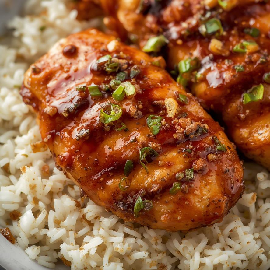 Close-up of Spicy Honey Garlic Chicken with chopsticks