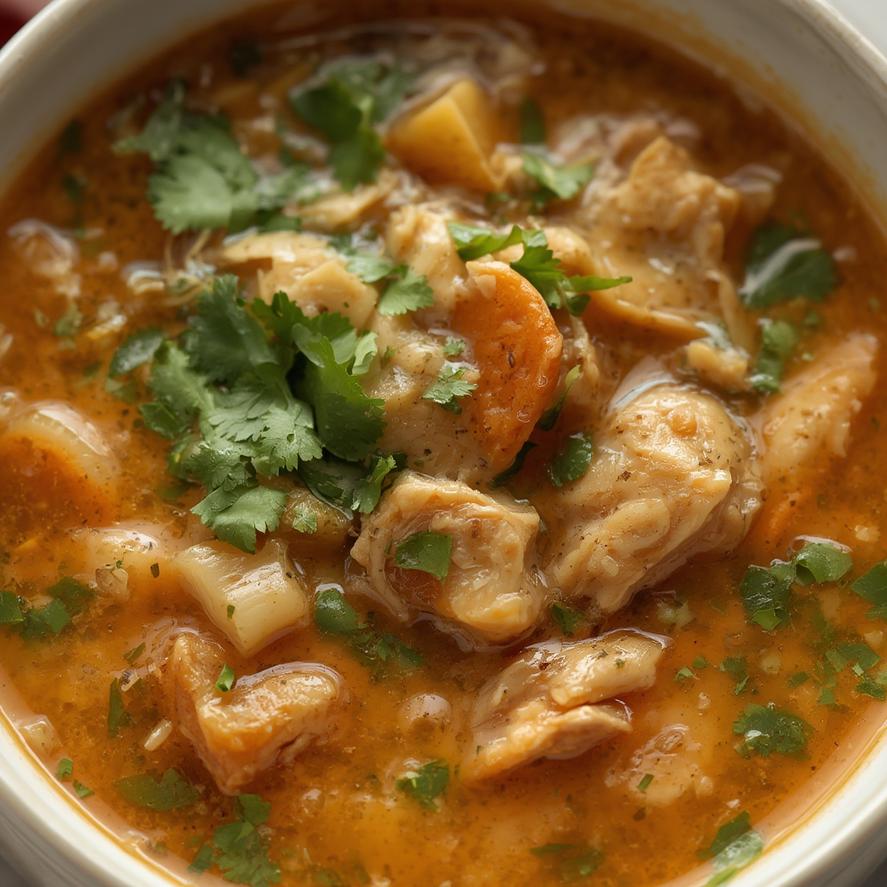 Close-up of Thai Ginger Chicken Soup garnished with herbs