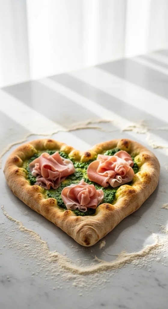 Heart pizza with pesto prosciutto 2ef43cb2db