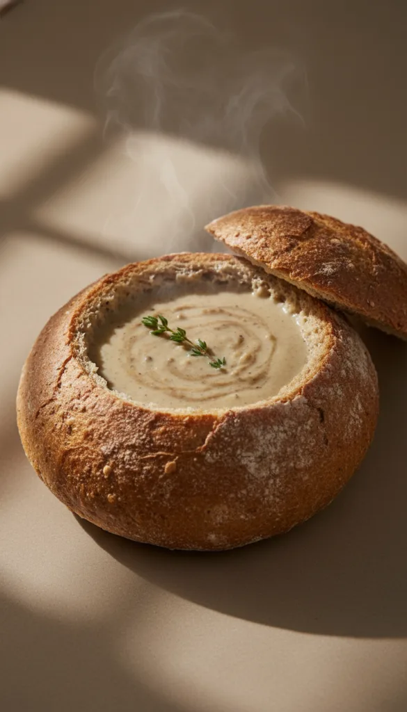 15 Rustic Bread Bowl Soup Presentation Ideas 3 Original mushroom soup 202602132118