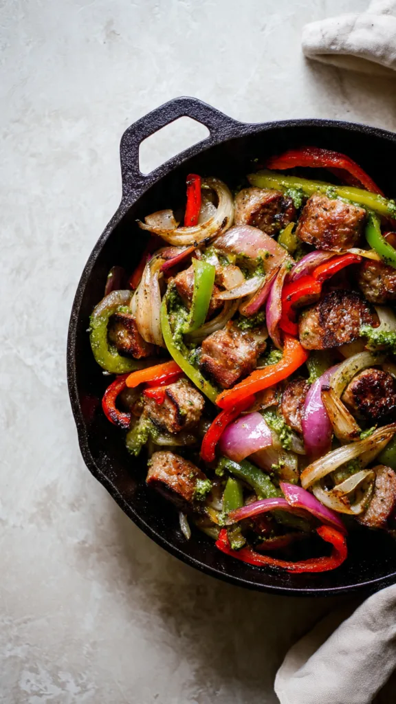 original sausage peppers and onions with pesto pin