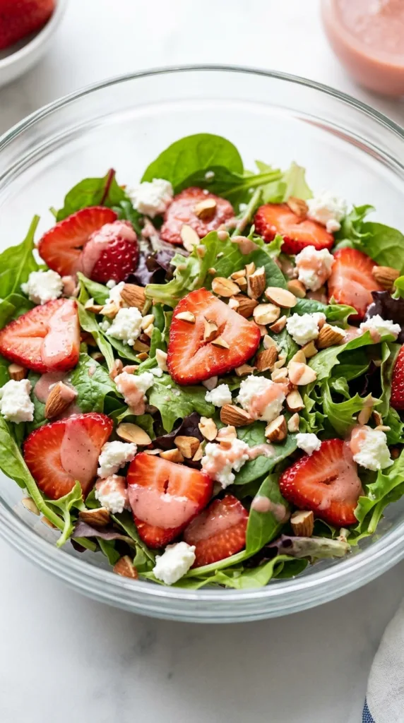 5 Ways to Host an Aesthetic Blush Pink Spring Dinner 4 Salad with strawberries goat cheese 226ae9d4cc