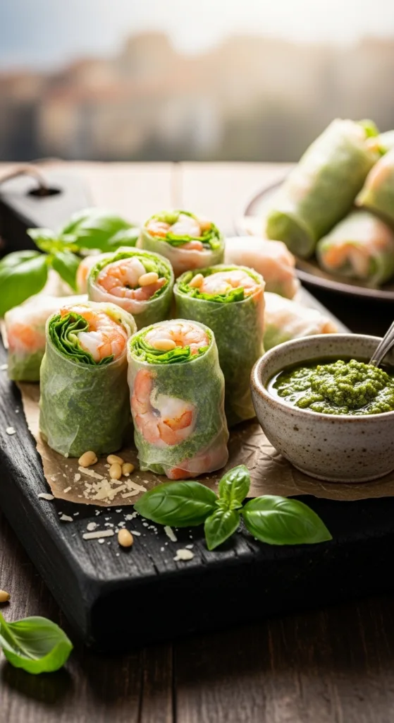 Shrimp pesto rolls wooden board cf0929994f