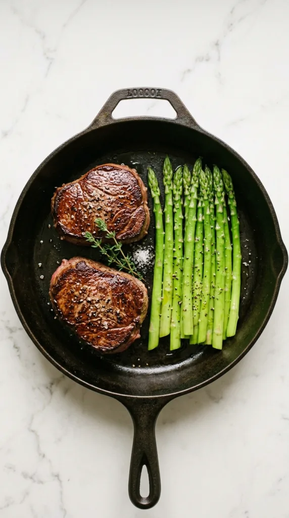Steaks and asparagus in skillet 5d7f7ad311