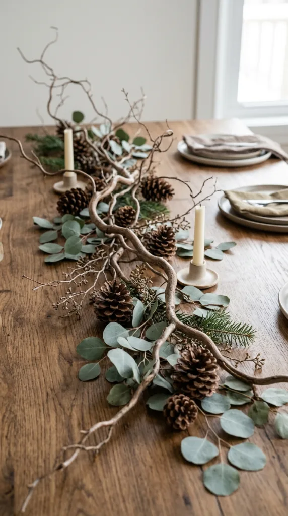 Moody Candlelit Winter Dinner Table: 7 Styling Hacks 4 Table with branches and pinecones 3d1a235586