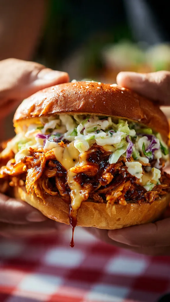 a close up angled shot of a bbq chicken sandwich h