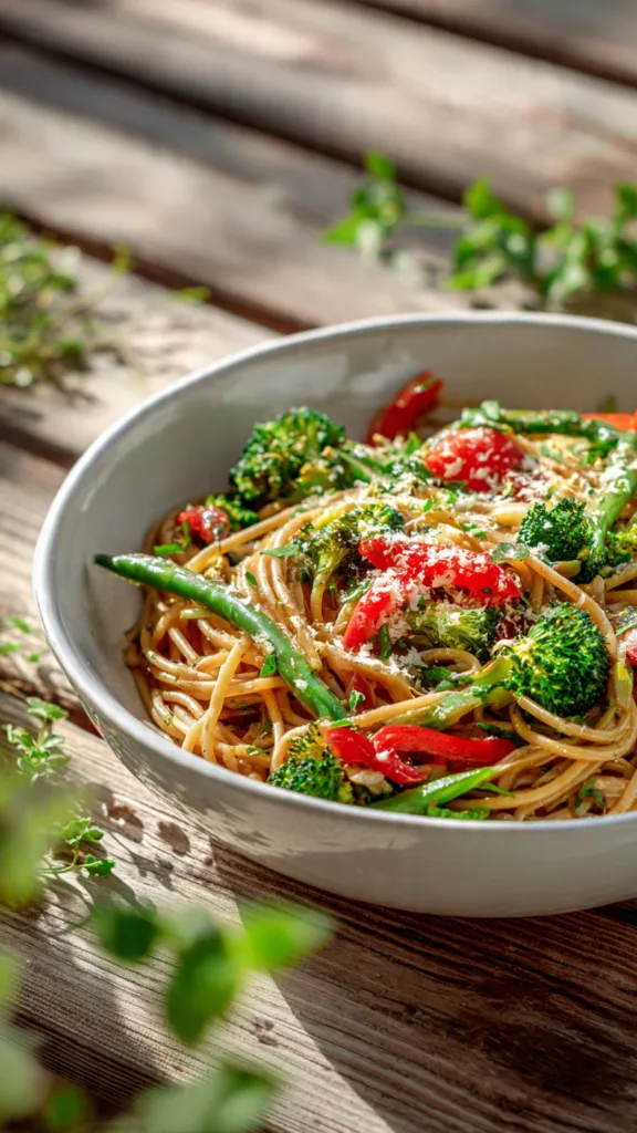 a colorful pasta primavera with whole wheat spaghe