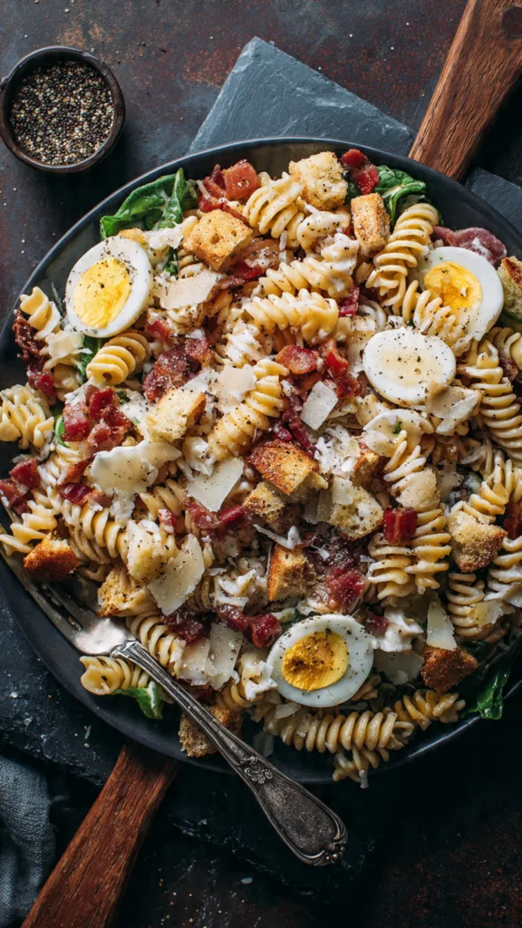 a decadent caesar pasta salad with spiral pasta cr