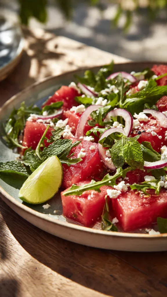 a stylish shallow ceramic platter holding a waterm