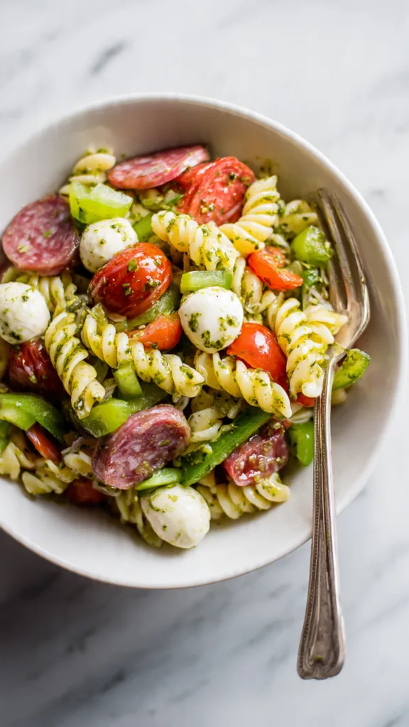 a vibrant bowl of italian pasta salad featuring ro 1