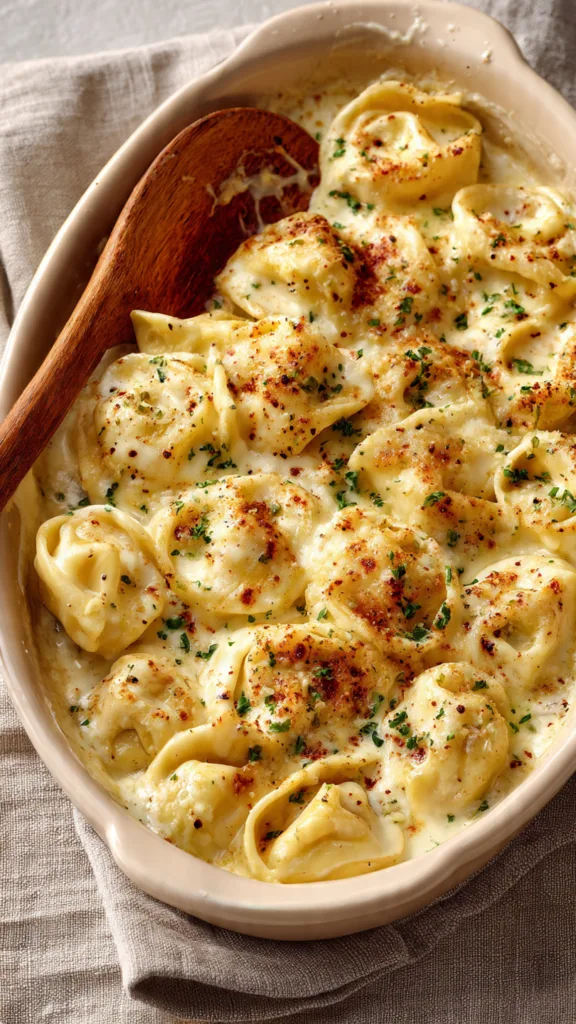 cheese filled tortellini bathed in a rich creamy a