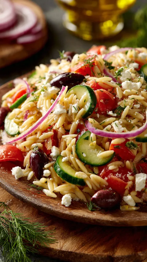 close up shot of a greek pasta salad with orzo cuc