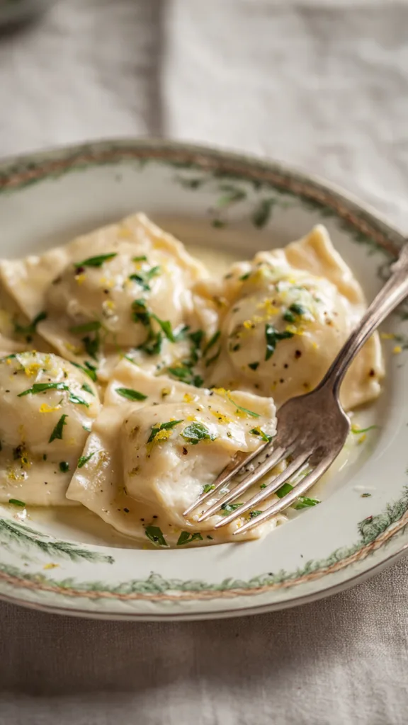 homemade cheese ravioli coated in a glossy garlic
