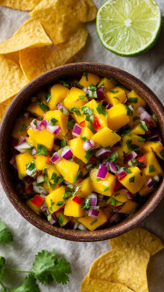 overhead flat lay of a colorful mango salsa in a h