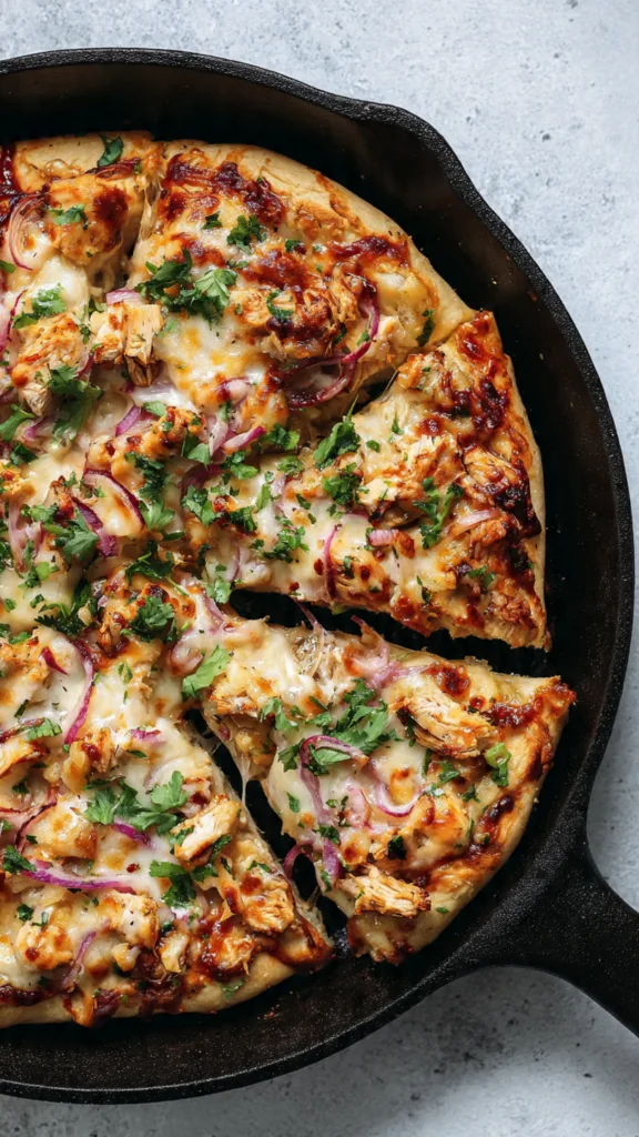 overhead flat lay shot of a whole bbq chicken pizz