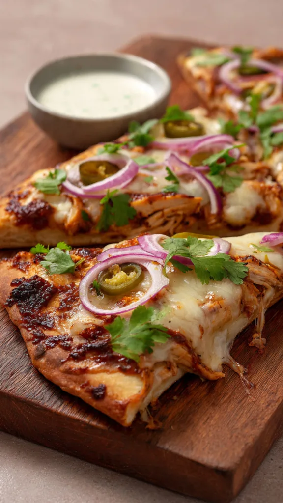 rustic wooden board displaying two slices of bbq c 1