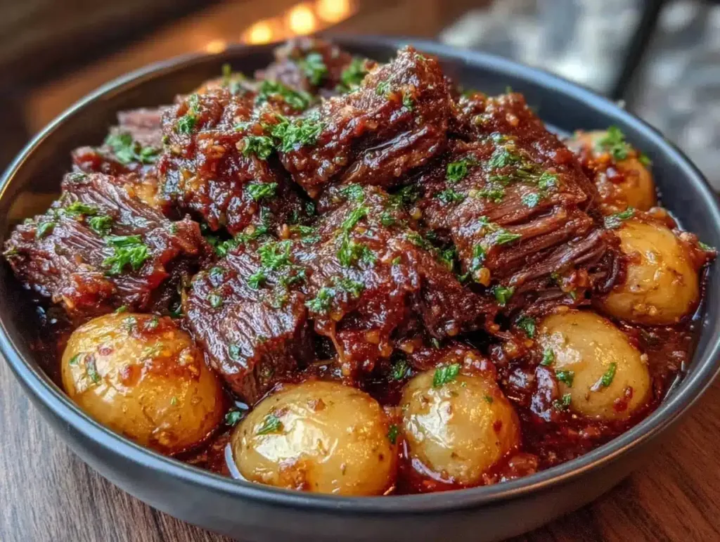 slow cooker garlic butter beef with potatoes