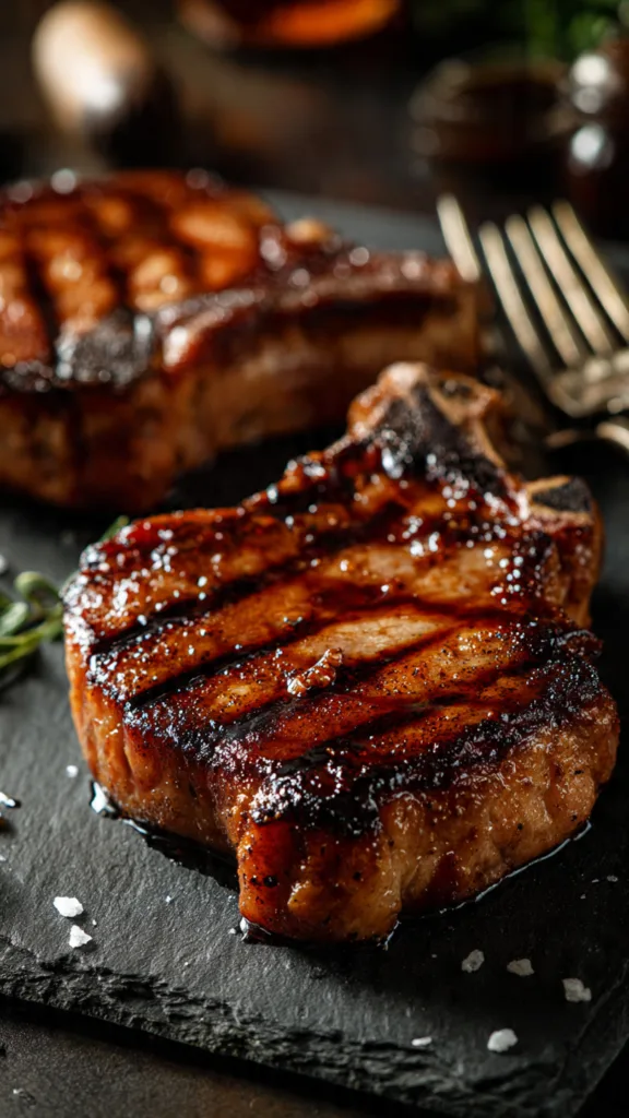 ultra realistic close up of two thick bone in gril