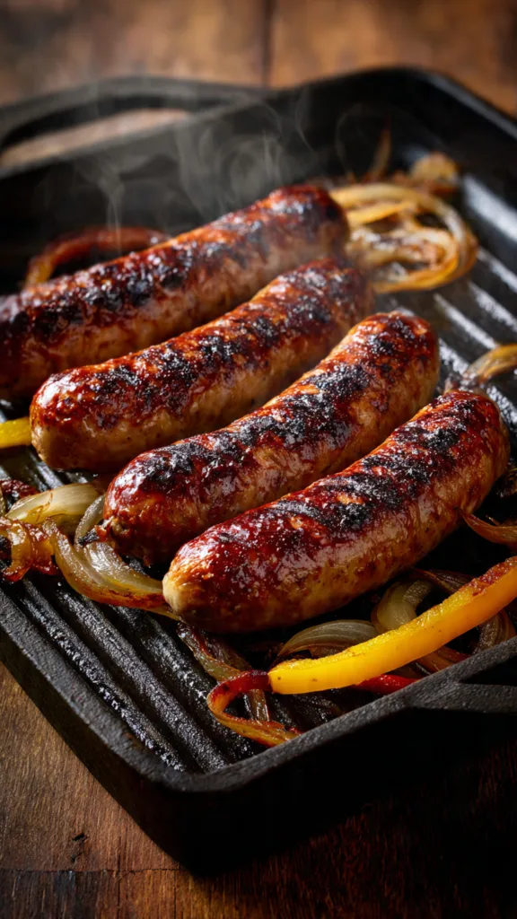 ultra realistic rustic shot of four grilled sausag