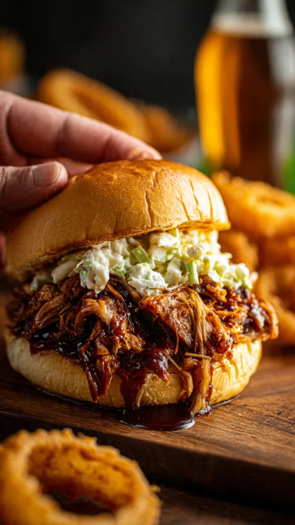 ultra realistic shot of a pulled pork sandwich hel