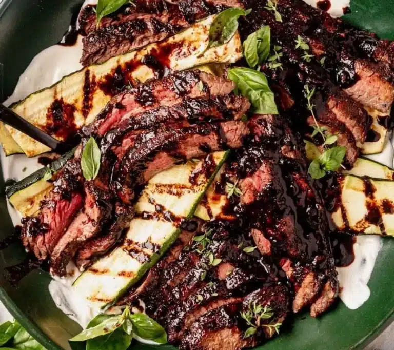 Juicy balsamic flank steak served with herbs and vegetables