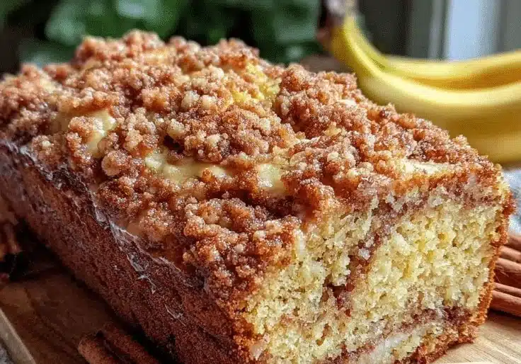 Delicious banana bread with cinnamon swirl and crumb topping fresh out of the oven