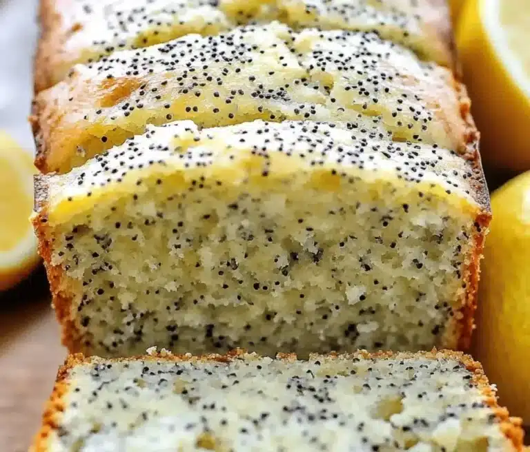 Deliciously moist lemon poppy seed bread slice on a wooden board.