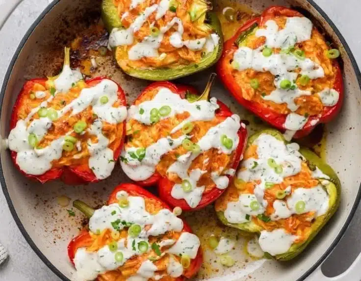 Buffalo chicken stuffed peppers dish, dairy-free and low-carb