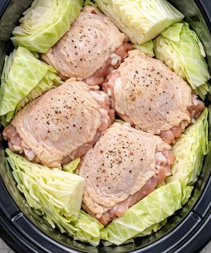 Slow cooker buttered cabbage and chicken dish served on a plate.
