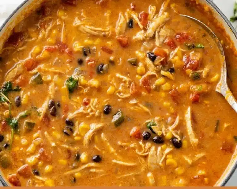 Bowl of creamy chicken tortilla soup topped with crispy tortilla strips
