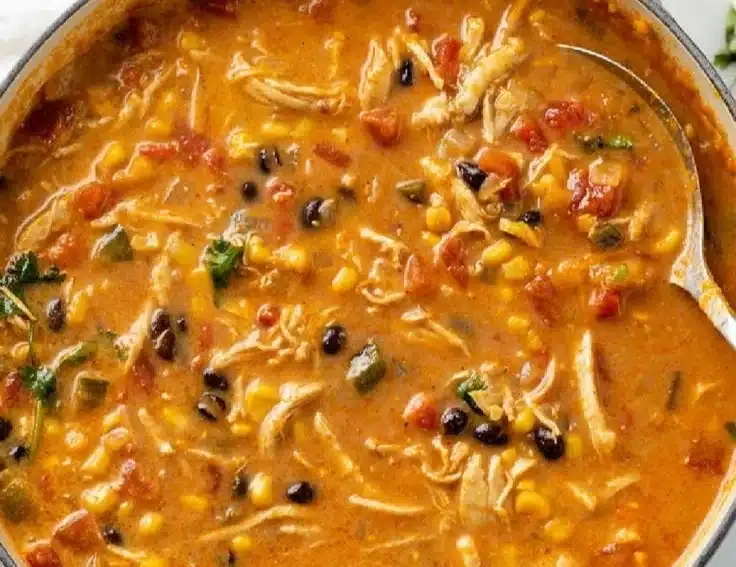 Bowl of creamy Chicken Tortilla Soup topped with fresh herbs and tortilla strips