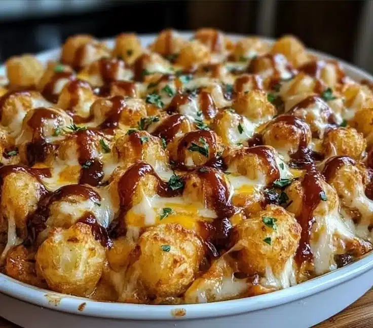 BBQ Chicken Tater Tot Casserole topped with melted cheese and crispy tots.
