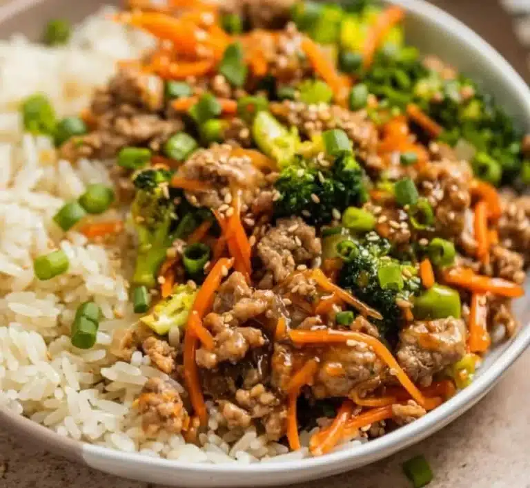 Easy ground turkey teriyaki stir-fry served in a bowl with colorful vegetables.