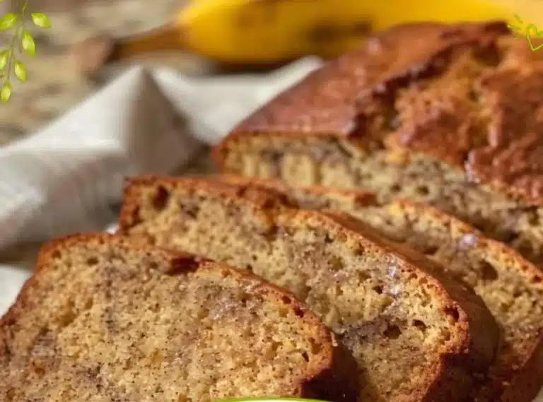 Sliced easy moist banana bread with ripe bananas and walnuts on a wooden table.