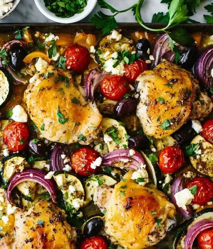 Greek Sheet Pan Chicken served with fresh vegetables on a baking tray