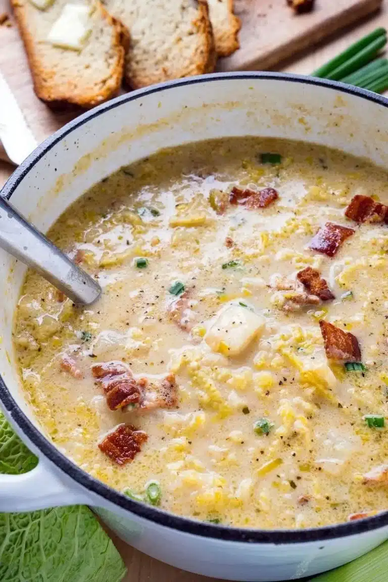 Bowl of Irish Potato and Cabbage Soup with Bacon garnished with herbs