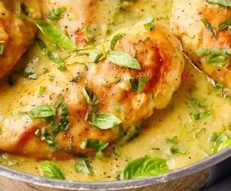 Plate of Lemon Basil Chicken garnished with fresh basil leaves