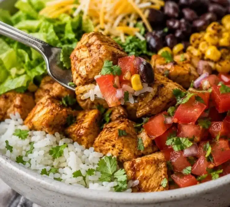 Low-Calorie Chicken Burrito Bowl ready for meal prep with fresh ingredients