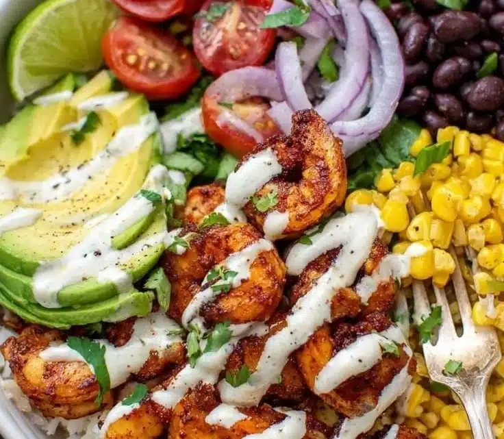 Colorful Mexican shrimp bowl filled with fresh ingredients and vibrant flavors