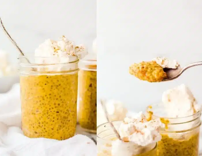 Delicious pumpkin chia seed pudding topped with seeds and spices.