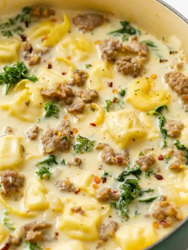 Bowl of delicious Sausage Tortellini Soup garnished with parsley